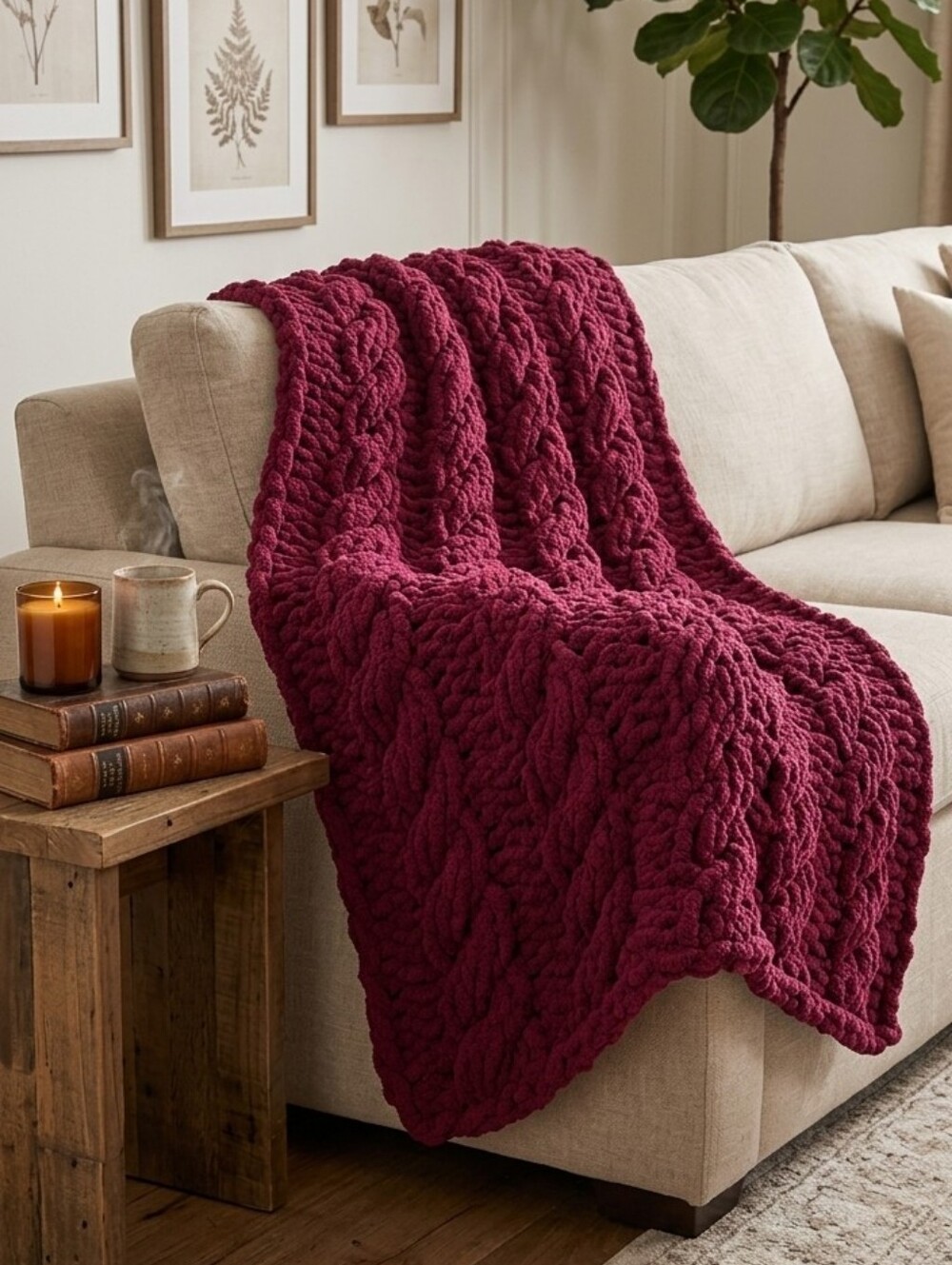 Plush Cable-Hand Knit Small Throw Blanket in Burgundy